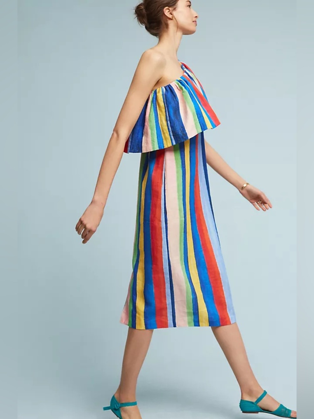 Mara Hoffman Ray Linen One-Shoulder Multicolor Striped Midi Dress